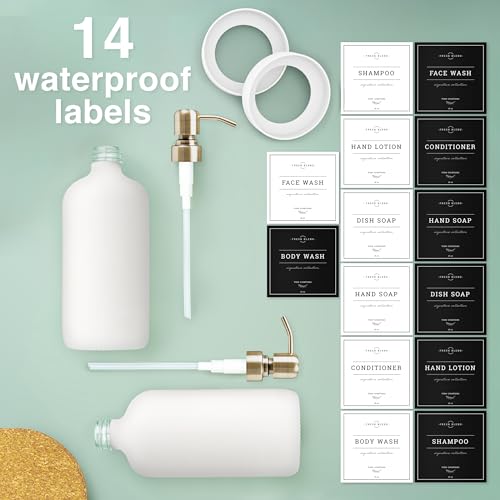 Vine Creations White Glass Soap Dispenser, 2 Pack Kitchen Soap Dispenser Set with Stainless Steel Pump, 16 oz Dish Soap and Hand Soap Dispensers for Bathroom with Waterproof Labels - color: Matte White Bottle / Brushed Brass Pump