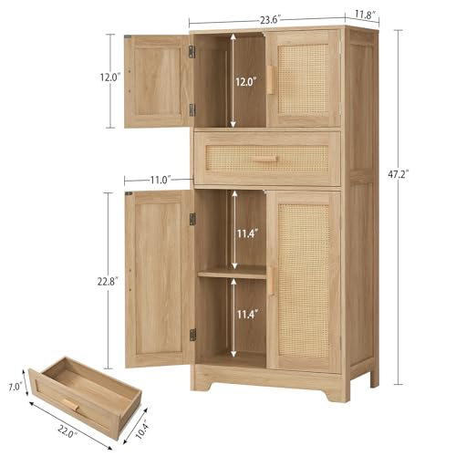 47.2" H Tall Storage Cabinet with Adjustable Shelf, Rattan Cabinet, Cupboard for Living Room, Dining Room, Entryway, Home Office, Natural - color: Natural, 4 Doors
