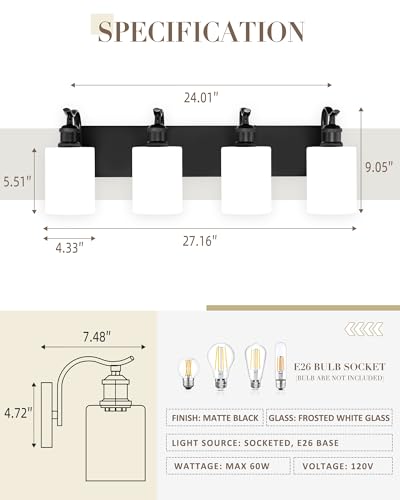 Black Vanity Light, 4-Light Bathroom Light Fixture, Modern Wall Sconce with Milk Glass, VL01BKW-4 - color: Black & Milk Glass, size: 4 LIGHT