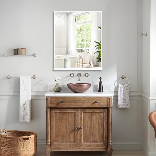 Bathroom Mirror with Shelf, White Rectangle Wall Mirror Metal Frame, Hanging Horizontal or Vertical (24'' X 20'') - color: White, size: 24.4"L x 20.3"W
