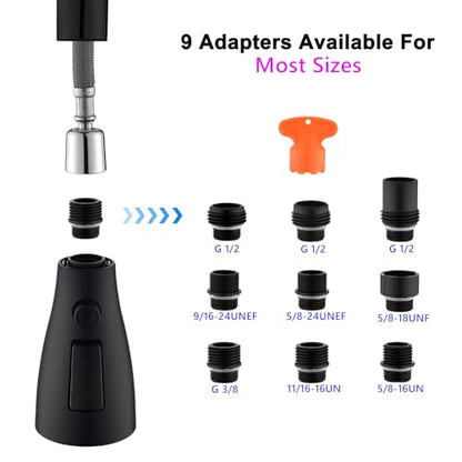 [Upgraded] GORDEE Kitchen Faucet Sprayer Head Replacement, 3-Function(Stream/Spray/Blade) Sprayer Spout Nozzle w/Check Valve, 1.8 GPM, 9 Adapters to Fit Most Standards of Faucets, Matte Black - color: N1 New 3-function Matte Black
