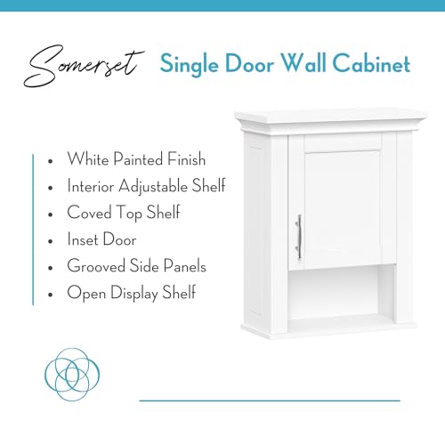 RiverRidge Somerset Single Door Wall Mount Medicine Cabinet, White | Bathroom Wall Storage Cabinet Shelf with Open Display Shelf, Two-Tone Handle and Coved Top Detailing