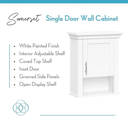 RiverRidge Somerset Single Door Wall Mount Medicine Cabinet, White | Bathroom Wall Storage Cabinet Shelf with Open Display Shelf, Two-Tone Handle and Coved Top Detailing