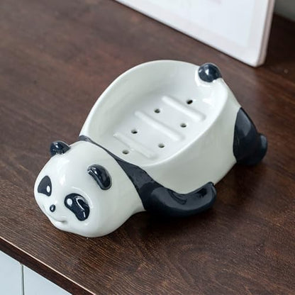 Cute Ceramic Soap Dish Self Draining Adorable Panda Shaped Kitchen Sink Soap Organizer for Bathroom Quick Drying Soap Holders - color: Black&white-2