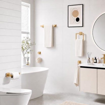 5-Piece Brushed Gold Bathroom Accessorys Stainless Steel Towel Bar Set | Square Wall Mounted Towel Rack with Toilet Paper Holder Towel Ring and Hook for Bathroom Outdoor Shower - color: Brushed Gold
