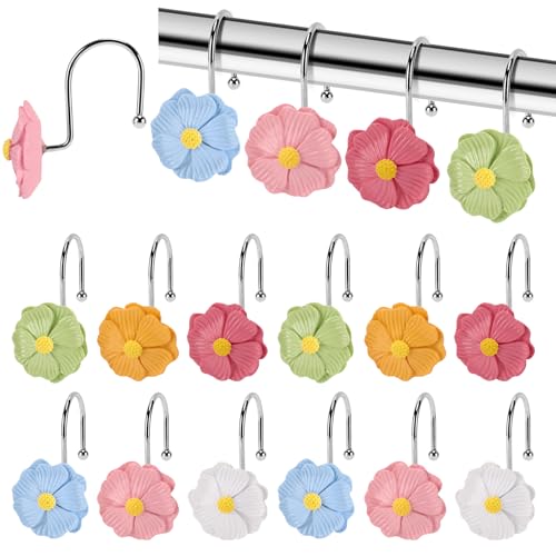 Flower Shower Curtain Hooks, 12 Pack Rustproof Stainless Steel Decorative, Bohemian Floral Bathroom Accessories for Curtain Rod and Shower Rod (Colorful Cosmos) - color: Colorful Cosmos