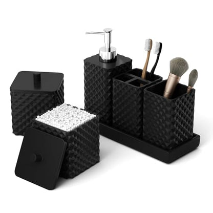 Bathroom Accessories Set Resin 6PCS, Square Toothbrush Holders Set Complete with Soap Dispenser, Vanity Tray, Tumbler, Cups and Cotton Swab Jars (Black Diamond, Resin Bath 6 PCS) - color: Black Diamond