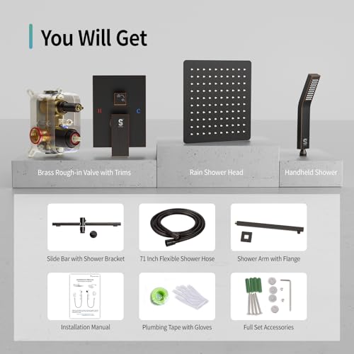 SR SUN RISE 12 Inch Square Shower System with Slide Bar,Oil Rubbed Bronze | Rain Head and Handle System,16" Adjustable Shower Slide Bar,Soild Brass,Wall Mount,Included Valve and Trim Kit - color: Oil Rubbed Bronze, size: 12 Inch