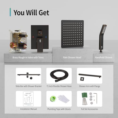 SR SUN RISE 12 Inch Square Shower System with Slide Bar,Oil Rubbed Bronze | Rain Head and Handle System,16" Adjustable Shower Slide Bar,Soild Brass,Wall Mount,Included Valve and Trim Kit - color: Oil Rubbed Bronze, size: 12 Inch
