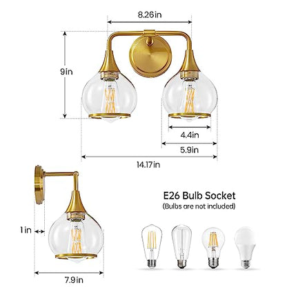 Gold Bathroom Light Fixtures 2-Lights Vanity Lights with Clear Glass Shade Bathroom Vanity Light 14 Inch Wall Sconces(Exclude E26 Bulb)… - color: Gold, size: 2 Light