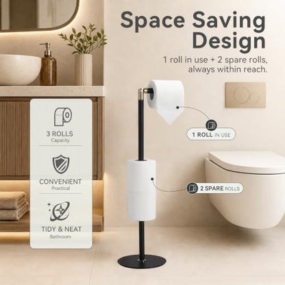 Black 3-Roll Tissue Holder, Weighted Base, Swivel Arm & Tray Black - color: Black Gold