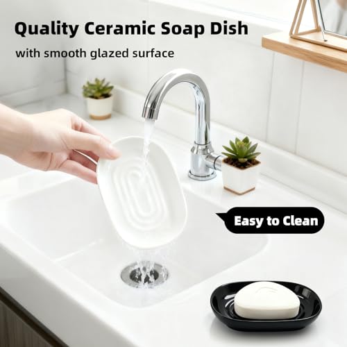 Ceramic Soap Dish for Bath Sink- Modern Black Bar Soap Holder for Shower - Easy to Clean Multi-Purpose Oval Soap Dishes for Soap Bar, Sponges, Jewelry, Small Items | Fits Bathroom & Kitchen - color: Black- Smooth Glossy