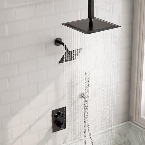 Shower Faucet Set with Handheld Spray, Matte Black | 12" Ceiling Mount SUS304 Rainfall Shower Head System, 6" Side Head, 3-Function Thermostatic Valve Trim Kit, All Metal - color: Matte Black
