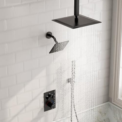 Shower Faucet Set with Handheld Spray, Matte Black | 12" Ceiling Mount SUS304 Rainfall Shower Head System, 6" Side Head, 3-Function Thermostatic Valve Trim Kit, All Metal - color: Matte Black