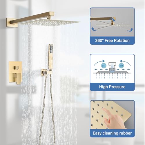 Shower Faucet Rain Shower System with 8 Inches Rainfall Shower Head and Handheld Spray Combo Bathroom Shower Faucet Set Complete Brushed Gold Shower Valve and Trim Kit Wall Mounted - color: Brushed Gold, size: Brushed Gold-8''