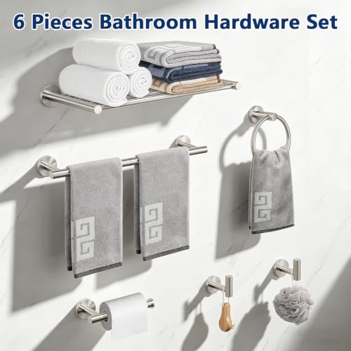 NearMoon Bathroom Accessories Set 6 Pieces, SUS304 Stainless Steel Bathroom Hardware Set, Shower Towel Rack for Kitchen, Towel Holder Wall Mounted (16 Inch, Brushed Nickel)