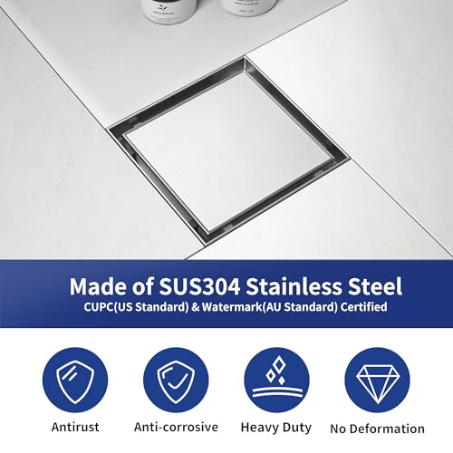 Square Shower Drain, 304 Stainless Steel Floor Drain 6" | with Tiled Insert Grate & Hair Strainer, Bathroom 2-in-1 Tiled in Drain, CUPC Certified - color: Brushed, size: 6''