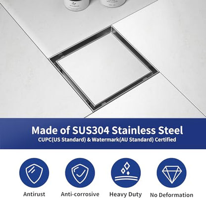 Square Shower Drain, 304 Stainless Steel Floor Drain 6" | with Tiled Insert Grate & Hair Strainer, Bathroom 2-in-1 Tiled in Drain, CUPC Certified - color: Brushed, size: 6''