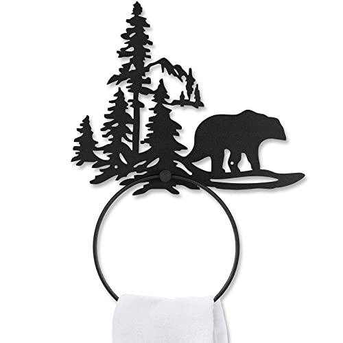 Funrous Bear Towel Holder for Bathroom Matte Black Metal Hand Towel Holder | Rustic Forest Bear Cub Decorative Bath, Toilet Wall Mounted Ring, Hanging Hand Cloth, Round Washcloth Rack Home Kitchen - style: Bear