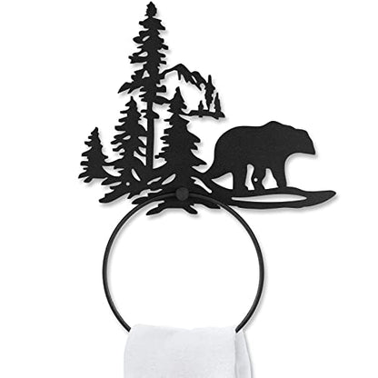 Funrous Bear Towel Holder for Bathroom Matte Black Metal Hand Towel Holder | Rustic Forest Bear Cub Decorative Bath, Toilet Wall Mounted Ring, Hanging Hand Cloth, Round Washcloth Rack Home Kitchen - style: Bear