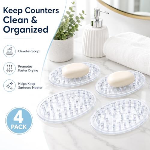 4-Pack Self-Draining Soap Holder, Clear Plastic Soap Saver Tray with Raised Ridges for Bathroom Shower and Kitchen Sink