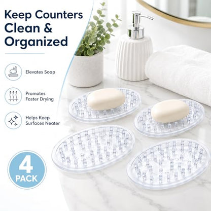 4-Pack Self-Draining Soap Holder, Clear Plastic Soap Saver Tray with Raised Ridges for Bathroom Shower and Kitchen Sink
