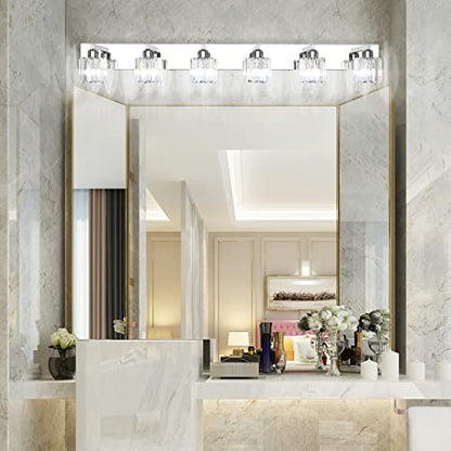 Aipsun Bathroom Vanity Light Crystal Vanity Lighting Fixtures 6 Lights Chrome Vanity Light for Bathroom (Exclude Bulb) - color: Chrome (Round), size: 49 inch