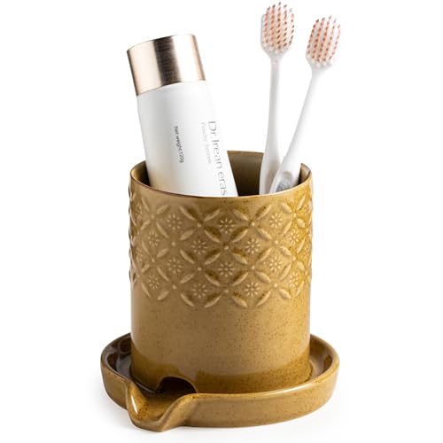 Zoeeker Toothbrush Holder with Drainage, Ceramic Toothbrush Holders Set | Electric Toothbrush & Toothpaste Holder for Bathrooms Self-draining Tooth Brush Cup Countertop Organizers for Family, Yellow - color: B-yellow