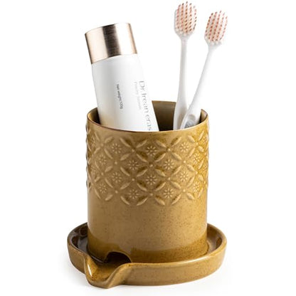 Zoeeker Toothbrush Holder with Drainage, Ceramic Toothbrush Holders Set | Electric Toothbrush & Toothpaste Holder for Bathrooms Self-draining Tooth Brush Cup Countertop Organizers for Family, Yellow - color: B-yellow