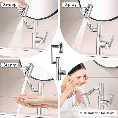 Rotatable Bathroom Sink Faucet with Temperature Display in Fahrenheit, Single Hole Chrome and 3 Outlet Modes Faucet, Battery-Free - color: Chrome-F