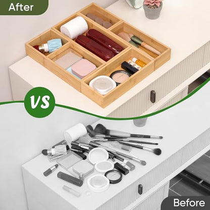 Bamboo Drawer Organizers Set with Removable Dividers, 5PCS Adjustable Multi-Use Wood Storage Organizers(5-9 Grids), Desk Drawer Tray for Bathroom, Office, Dresser, Storage Box for Jewelry, Makeup - size: 5-9 Grids