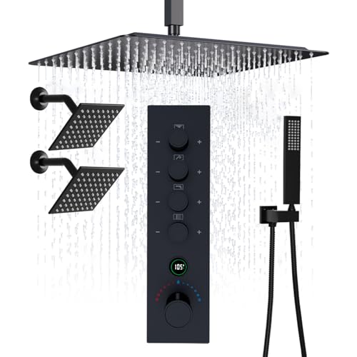 Thermostatic Digital Triple Heads Rain Shower System Can Run Together | Matte Black 4-Function Full Body Shower Faucets Set with 12" + Two 6" Tilted Showerhead and Brass Handheld - color: Matte Black, style: 12” + 6" + 6"