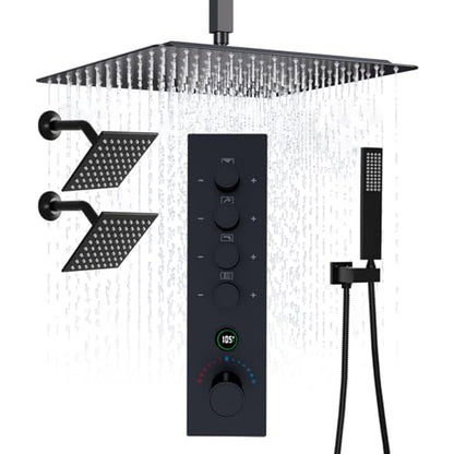 Thermostatic Digital Triple Heads Rain Shower System Can Run Together | Matte Black 4-Function Full Body Shower Faucets Set with 12" + Two 6" Tilted Showerhead and Brass Handheld - color: Matte Black, style: 12” + 6" + 6"