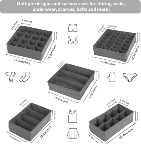 SUREMAX 5-Pack Underwear Drawer Organizer for Socks, Bras, Ties, Grey | Foldable, Fabric Drawer Dividers, Fits Standard 13"+ Dressers, 55 Compartments, for Bedroom, Closet, Bathroom