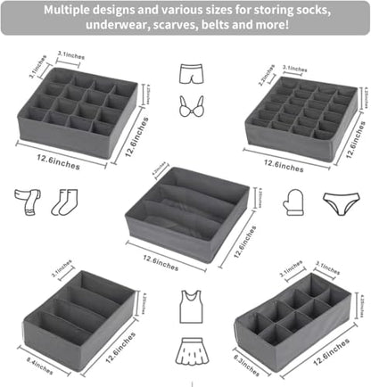 SUREMAX 5-Pack Underwear Drawer Organizer for Socks, Bras, Ties, Grey | Foldable, Fabric Drawer Dividers, Fits Standard 13"+ Dressers, 55 Compartments, for Bedroom, Closet, Bathroom