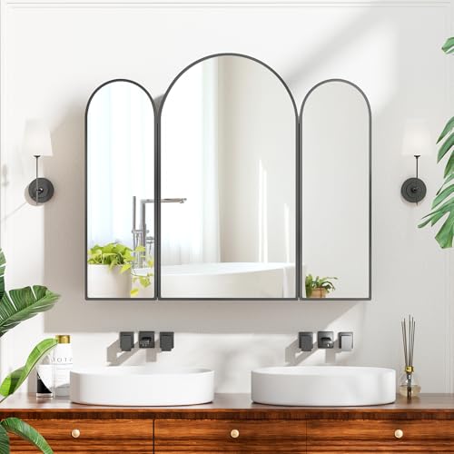 Triple Arched Black Medicine Cabinet, 3 Doors, 31X28Inch Surface Mount Bathroom Cabinet with Trifold Arched Mirror, Metal Edge - color: Brushed Black