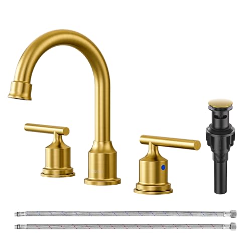 WOWOW Gold Bathroom Faucet 3 Hole Bathroom Sink Faucet Widespread Vanity Faucet 2 Handle Brass Basin Faucet with Pop Up Drain 8 Inch Mixer Tap Antique - color: Brushed Gold, size: Widespread