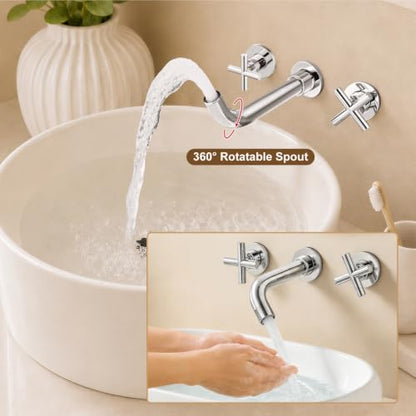 Midanya Wall Mount Bathroom Faucet 3 Hole 2 Cross Handle,Polish Chrome | SUS304 Stainless Steel,Rough-in Valve Included,360° Swivel Spout,for Bathroom Sink,Vanity - color: Polish Chrome