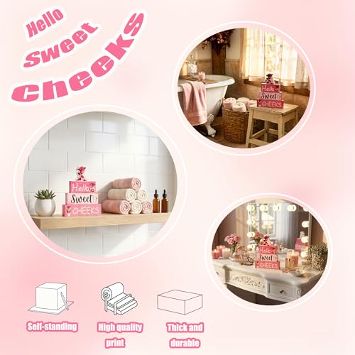 Pink Highland Cow Bathroom Decor 4 Pcs Farmhouse Decor and Accessories Western Hello Sweet Cheeks Table Centerpiece for Home Office