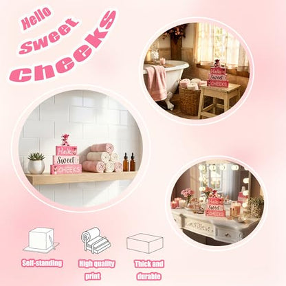 Pink Highland Cow Bathroom Decor 4 Pcs Farmhouse Decor and Accessories Western Hello Sweet Cheeks Table Centerpiece for Home Office