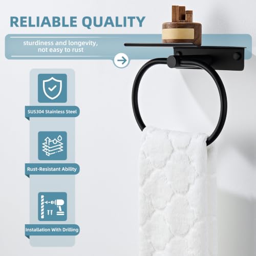 Suyar Oval Towel Ring with Shelf, Bathroom Hand Towel Holder Matte Black | SUS304 Stainless Steel, Space-Saving Solution, Versatile Top Shelf for Small Plants Toiletries Soap Phones, Wall Mounted - color: Matte Black