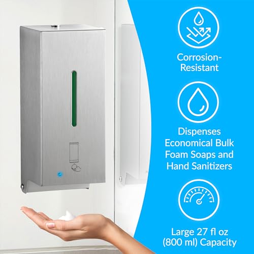 BOBRICK 2013 Stainless Steel Automatic Wall-Mounted Foam Soap Dispenser, Satin Finish, 27-FL oz. 4-1/4” W, 10-17/32” H, 4-7/32” D - style: Foam