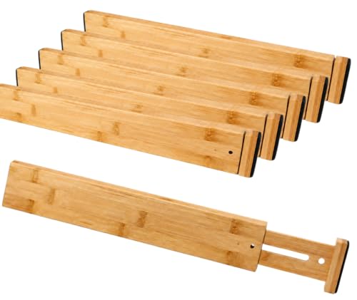 6 Pack Bamboo Drawer Dividers, Dresser Separators 16.6" to 21.8" | Adjustable Expandable Drawer Organizer, Bamboo Kitchen Drawer Divider for Clothing Socks Office Desk Bathroom Storage