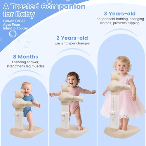 2-in-1 Adjustable Baby Shower Support Set Bear Design with Little Toy Duck | Bathroom Safety Standing Infant Shower Chair & Bather Station | Portable Non-Slip Bathing Stand for 6-48 Months - color: Caramel