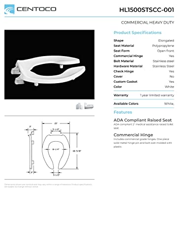 Centoco 2 inch Raised Toilet Seat for Seniors, Elongated, Commercial, White | Plastic, Open Front No Cover, Made in the USA, HL1500STSCC-001 - size: Elongated, style: 2" Raised