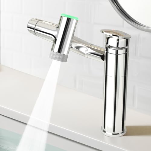 Modern Bathroom Faucet 1 Hole with Temperature Display, Chrome | Batteries-Free, 1080° Rotatable Single Hole Bathroom Faucet, Single Handle Bathroom Vanity Faucets, 2 Spray Modes - color: Chrome