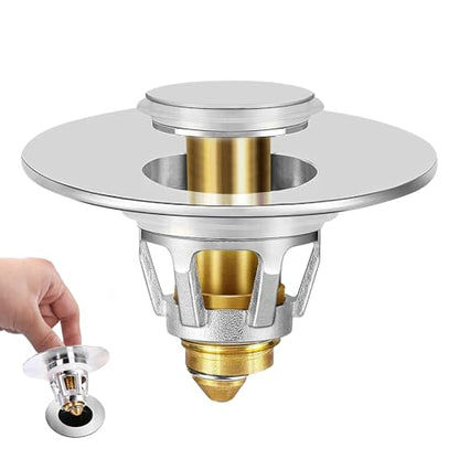 Universal Bathroom Sink Stopper - Upgraded Pop up Drain Strainer with Hair Catcher, Fits 1.1-1.5 Inch U.S. Standard Drain Holes - Anti-Clogging Filter - Pure Brass Construction