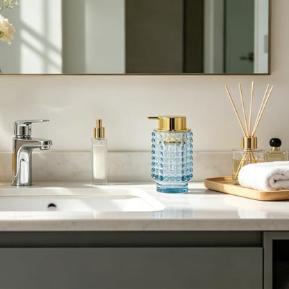 Glass Foaming Soap Dispenser, Blue Foam Hand Soap Dispenser, Bathroom 12 Oz Large Bottle with Gold Pump, Refillable Lotion Pump Container for Bathroom, Kitchen,Hand Soap, Dish Soap, Shampoo - color: Blue
