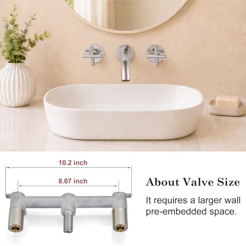 Midanya Wall Mount Bathroom Faucet 3 Hole 2 Cross Handle,Brushed Nickel | SUS304 Stainless Steel,Rough-in Valve Included,360° Swivel Spout,for Bathroom Sink,Vanity - color: Brushed Nickel