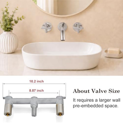 Midanya Wall Mount Bathroom Faucet 3 Hole 2 Cross Handle,Brushed Nickel | SUS304 Stainless Steel,Rough-in Valve Included,360° Swivel Spout,for Bathroom Sink,Vanity - color: Brushed Nickel
